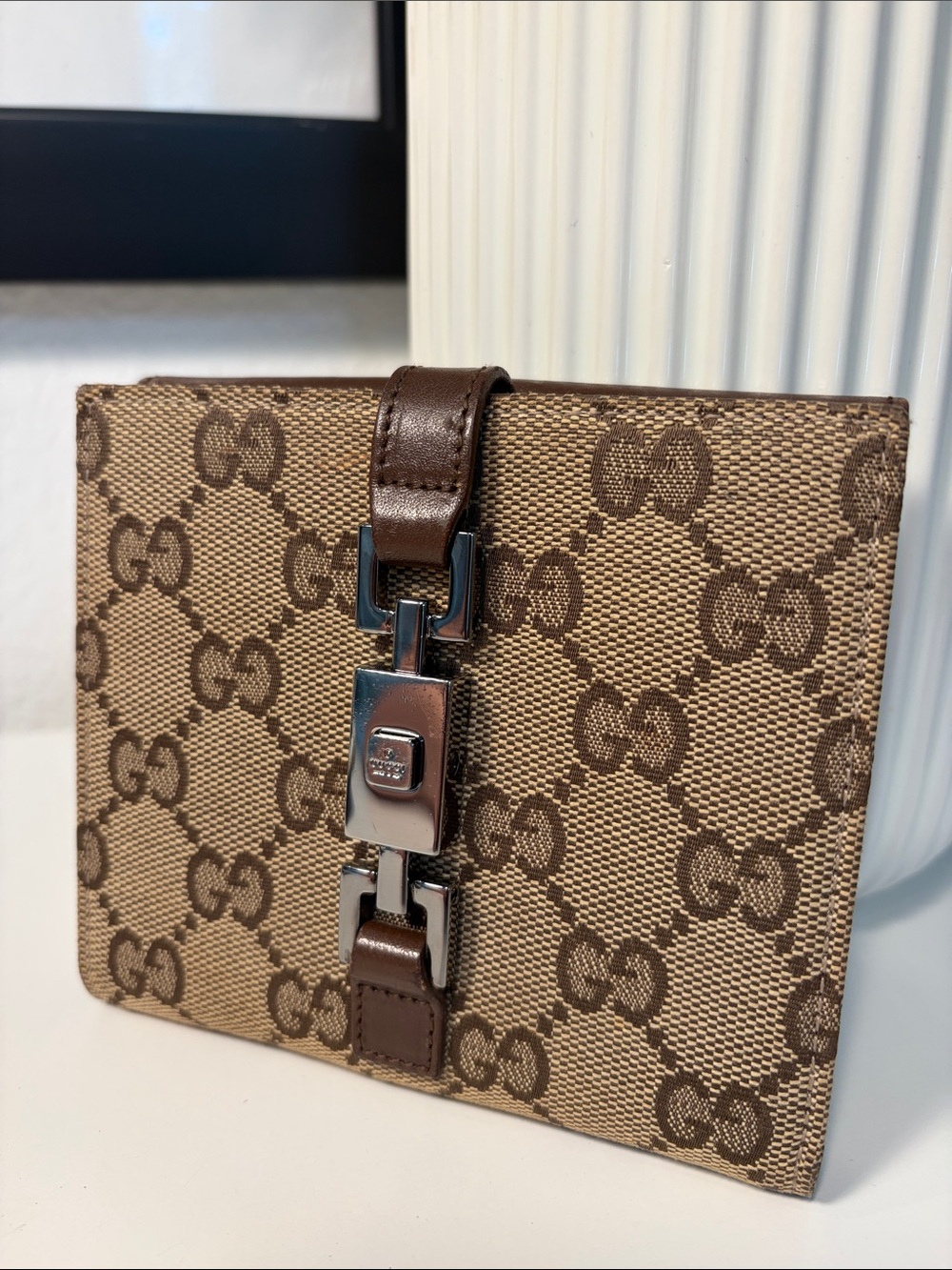Vintage Gucci Jackie Leather & Monogram Canvas Bifold Compact Wallet